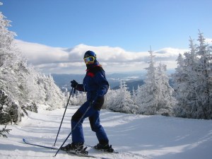 Jenni at the top of the Four-runner Quad (Toll Road Trail) at Stowe Ski Resort